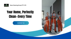 Professional home cleaning services team in red overalls standing with a vacuum cleaner in a modern living room, part of a Nexa Cleaning Group promotional banner.