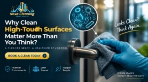 Professional cleaning service graphic showing Nexa Cleaning Group Pty Ltd removing germs from high-touch surfaces with a gloved hand cleaning a door handle, highlighting the importance of regular commercial cleaning for healthier spaces.