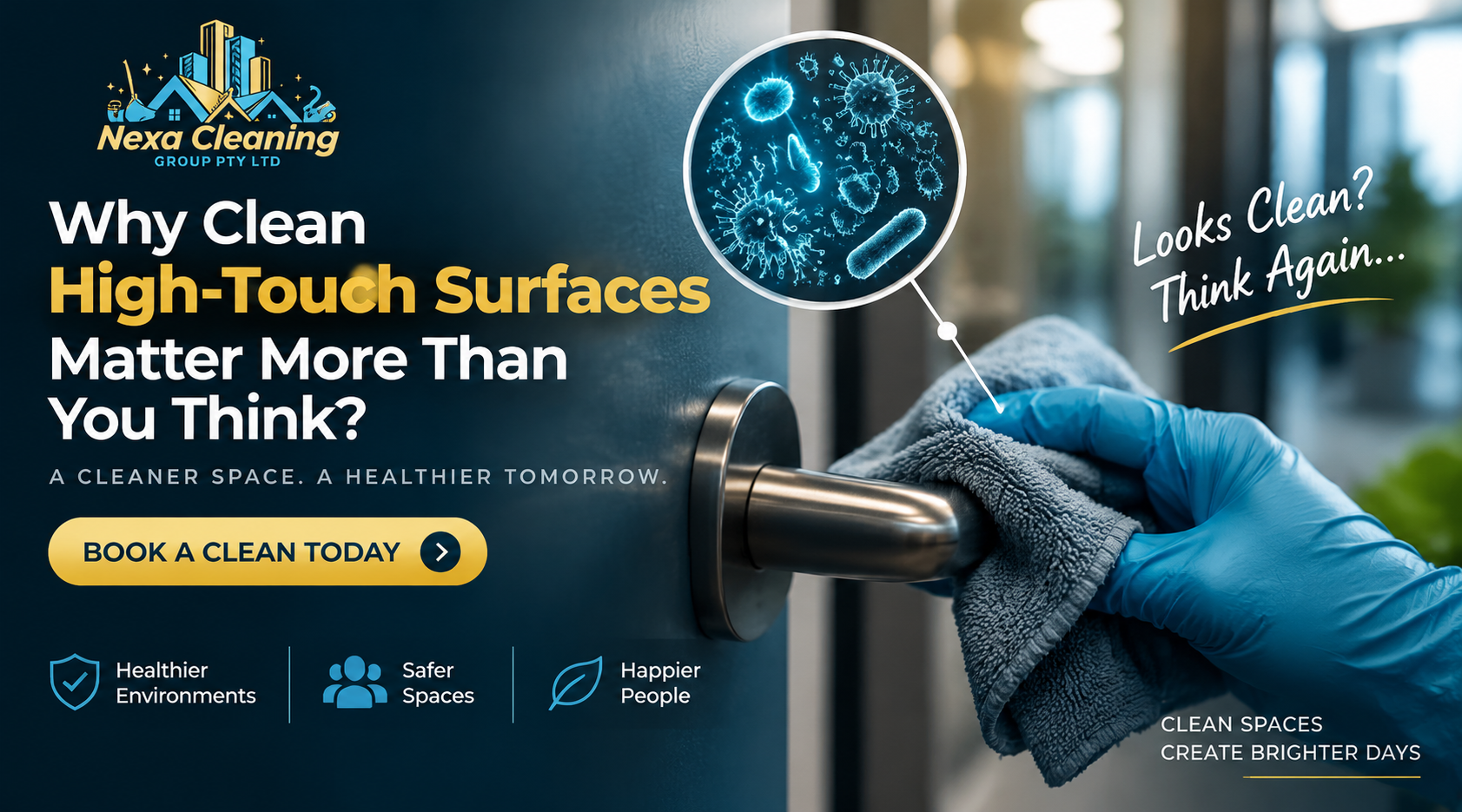 Professional cleaning service graphic showing Nexa Cleaning Group Pty Ltd removing germs from high-touch surfaces with a gloved hand cleaning a door handle, highlighting the importance of regular commercial cleaning for healthier spaces.